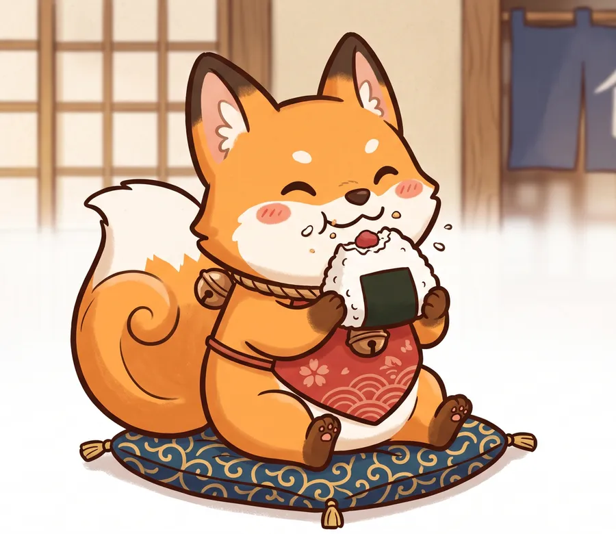 Inaripo, a plump little fox, happily eating a rice ball